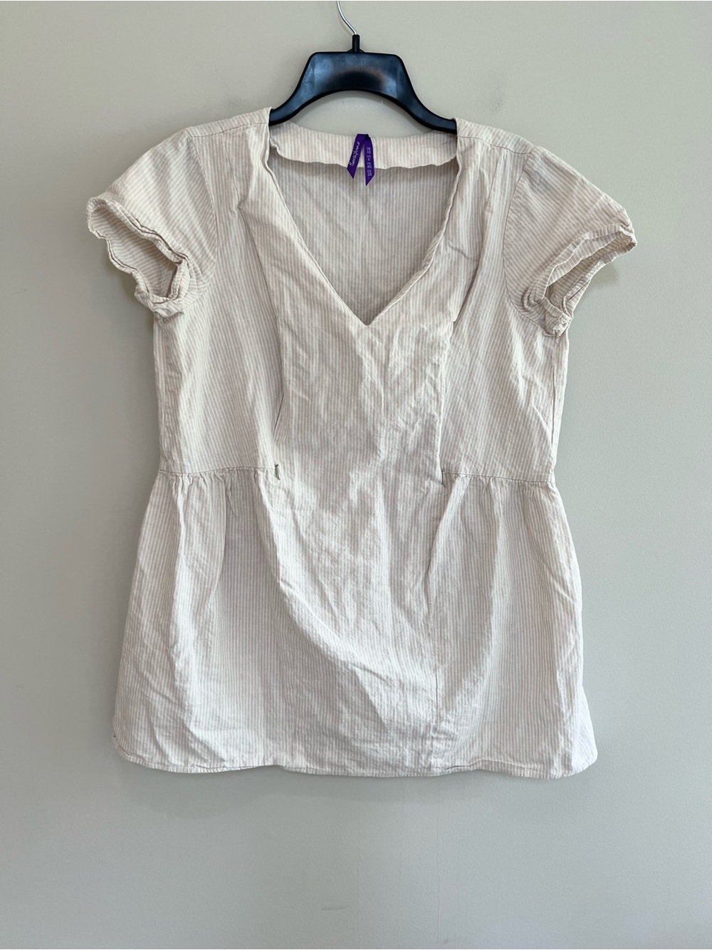 Seraphine Short Sleeve V-Neck Linen Cotton Stripe Paneled Nursing Top Taupe, 6